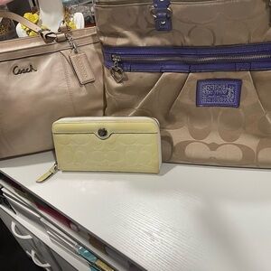 Coach Bundle Tan and Purple and cream Shoulder Bags and wallet